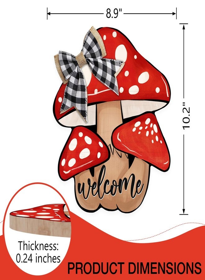 Deroro Welcome Fall Mushroom Sign for Front Door Decor, Autumn Buffalo Plaid Check Bow Wood Door Hanger for Outdoor Outside Porch, Seasonal Wooden Wreath Indoor Wall Hanging Decoration - Image 2